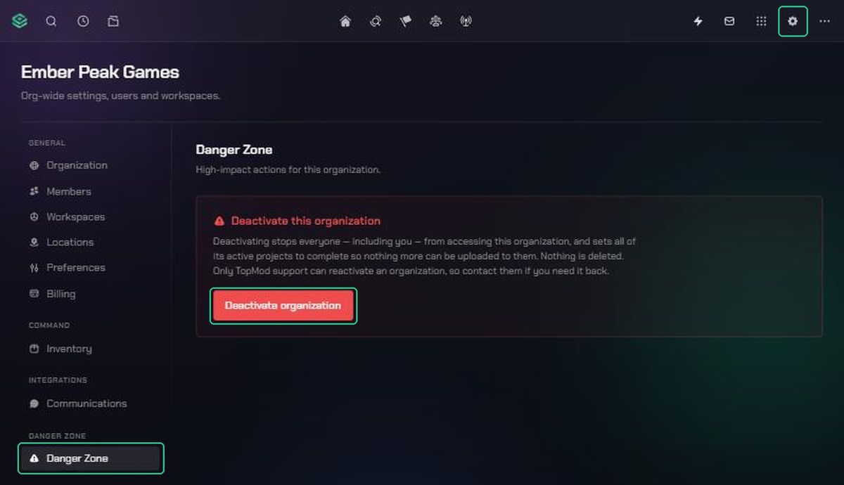 Organization Settings with the Settings gear icon, Danger Zone in the menu and the Deactivate organization button highlighted.