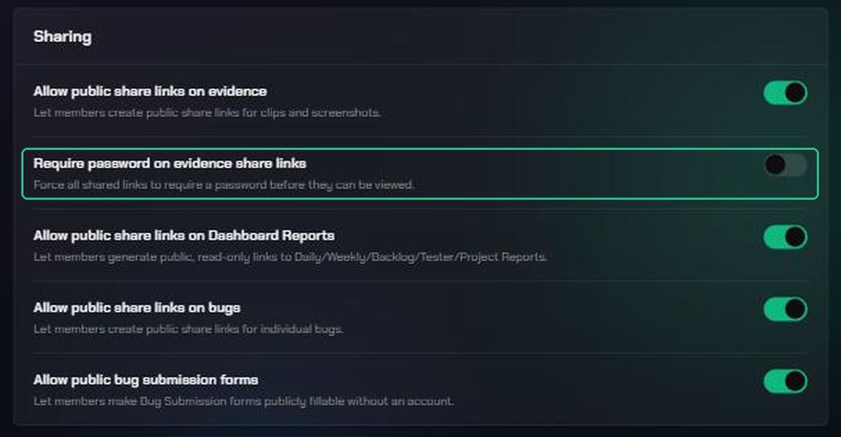 The Require password on evidence share links switch highlighted, shown turned off.
