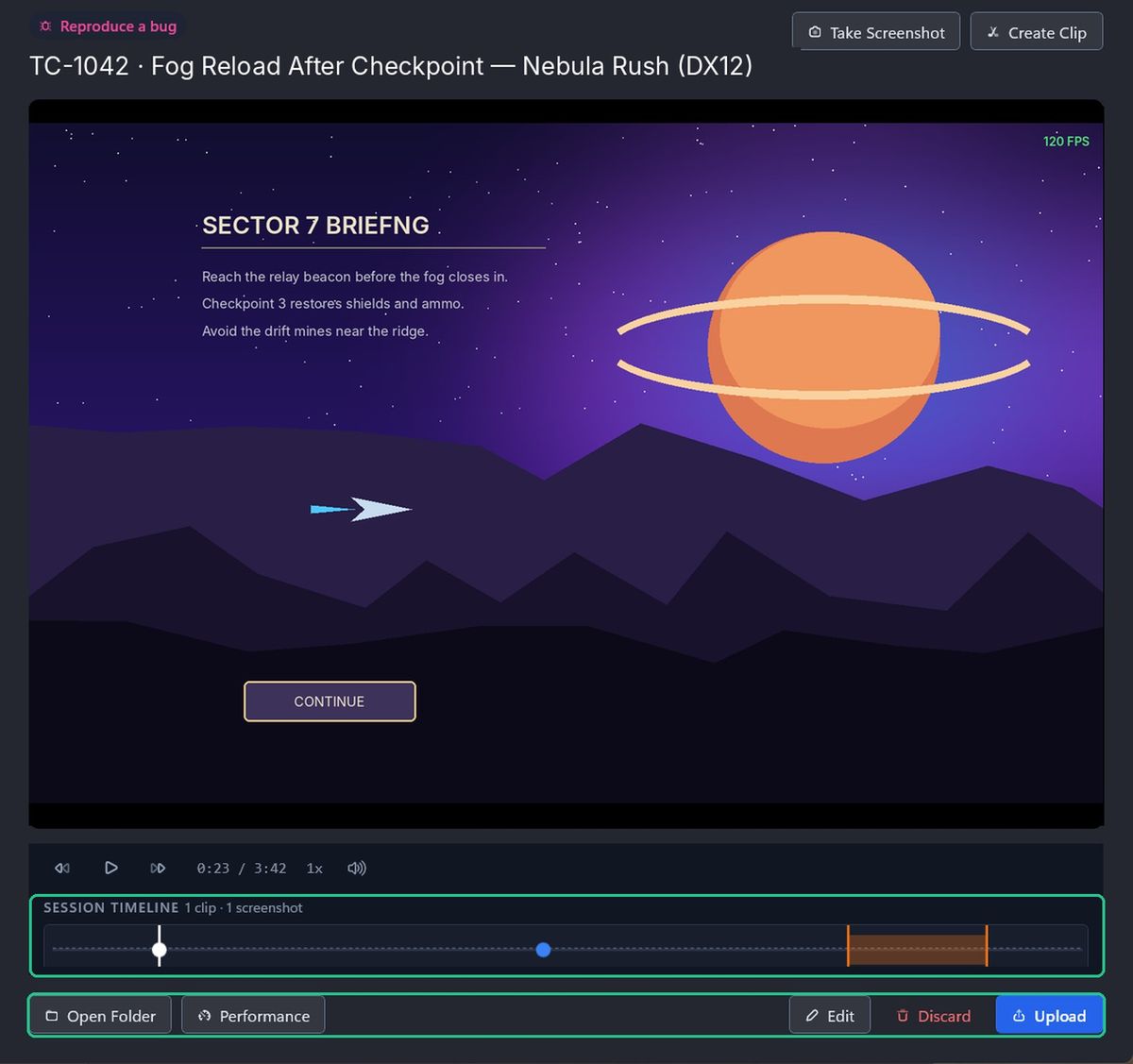 Review of a finished recording, with the SESSION TIMELINE showing a clip band and a screenshot dot, and the bottom bar highlighted.