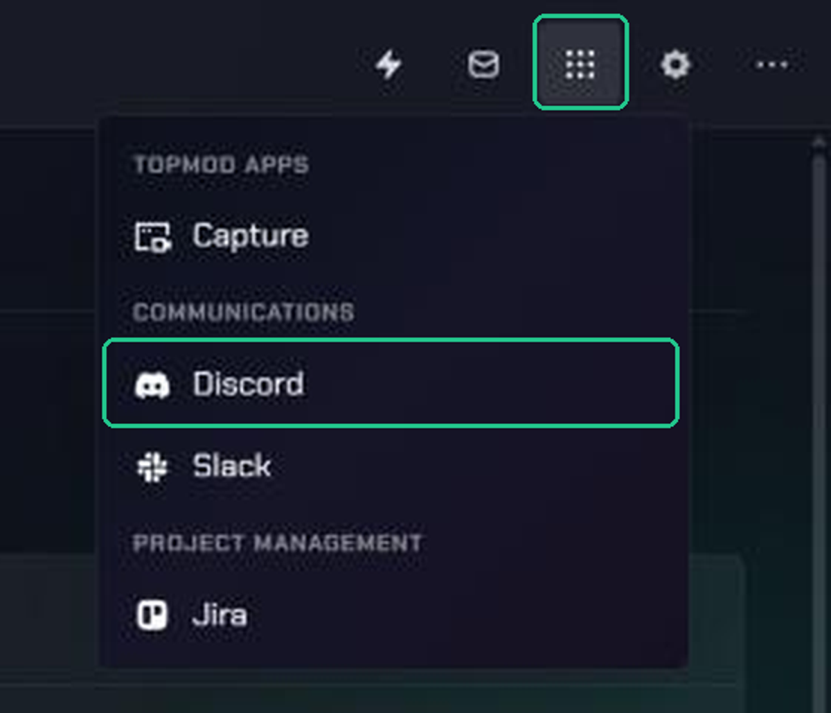 The Apps menu open from the grid icon, with Discord highlighted under Communications.