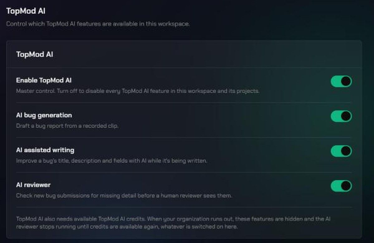The TopMod AI page in Workspace Settings with Enable TopMod AI and the AI bug generation, AI assisted writing and AI reviewer switches all on.