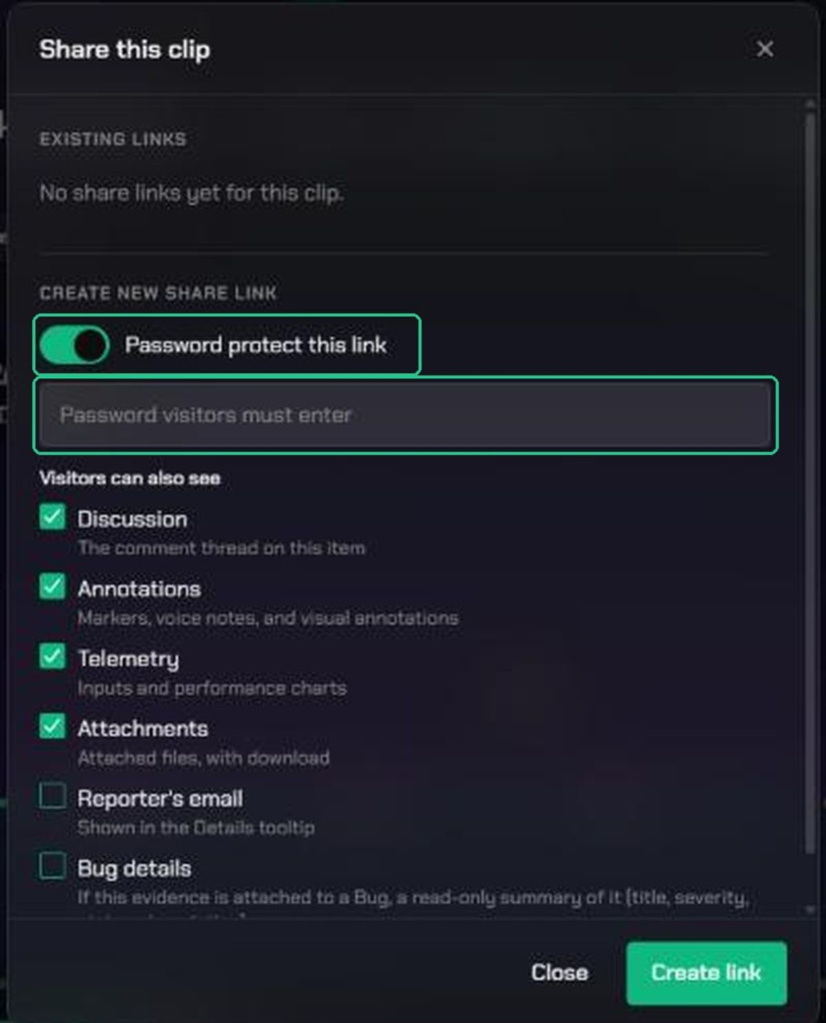 The Share this clip window with Password protect this link turned on and the password box highlighted