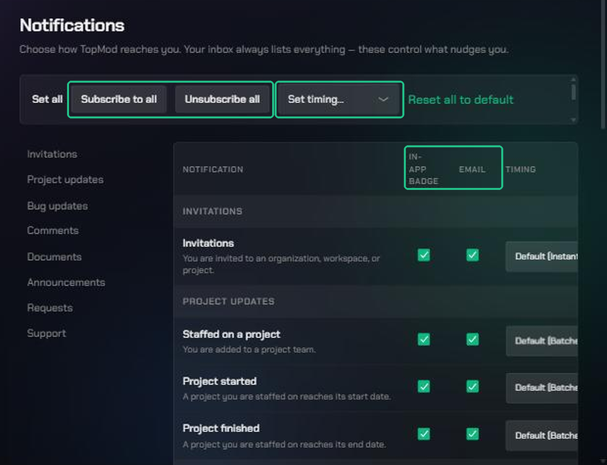 The Notifications page, with Subscribe to all, Unsubscribe all and the timing menu highlighted, and a table of notification types with In-app badge and Email columns