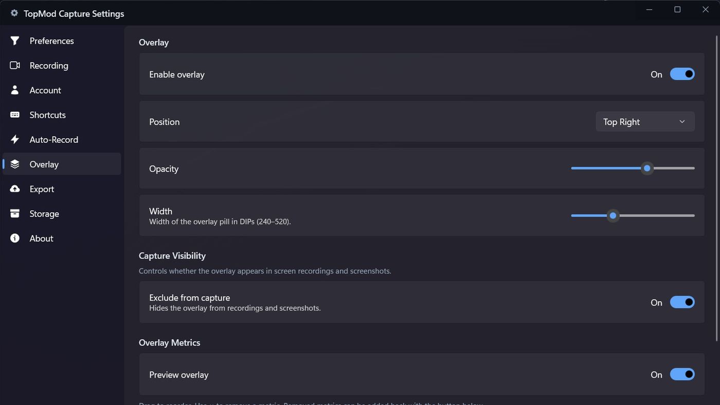 Settings > Overlay in TopMod Capture.