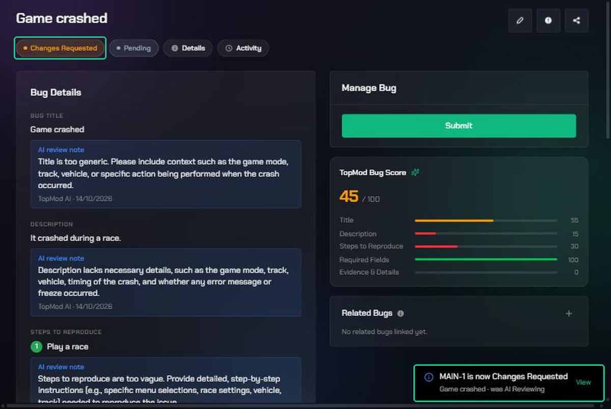 A bug straight after an AI review, with its Changes Requested status and a notification saying it was AI Reviewing highlighted.