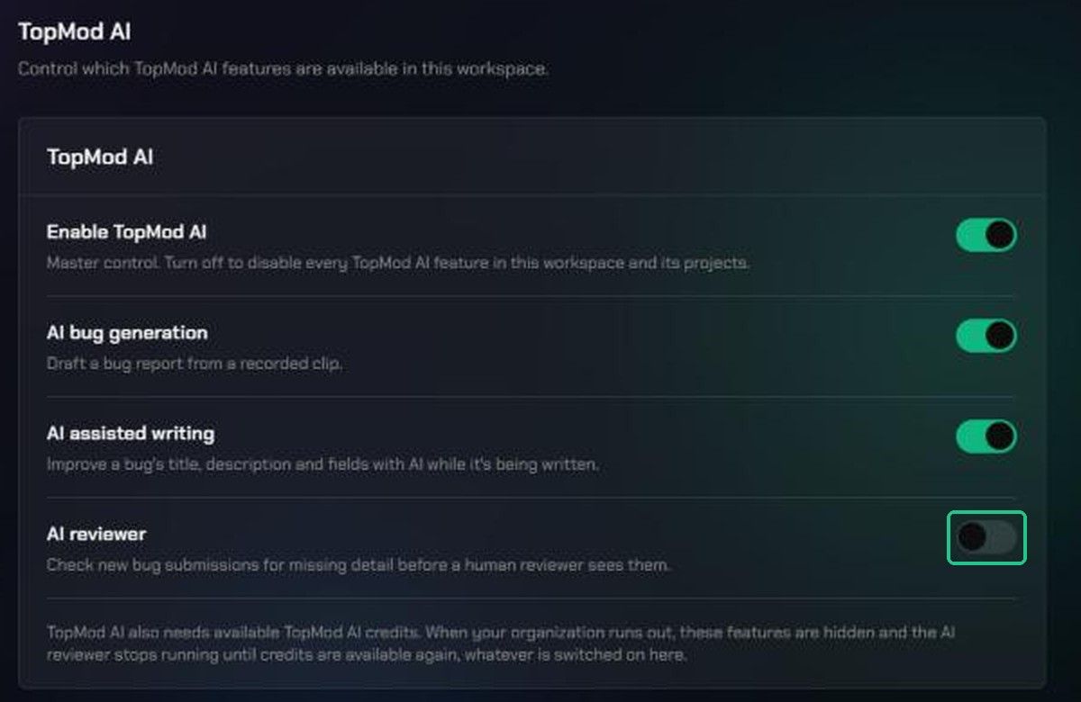 The TopMod AI page with the AI reviewer switch turned off and highlighted.