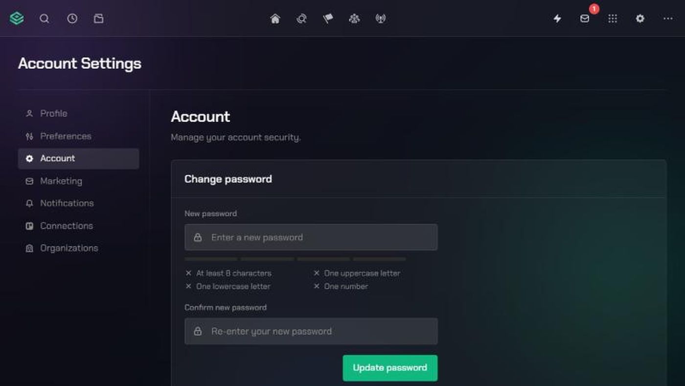 The Account Settings page in TopMod, showing the Change password card