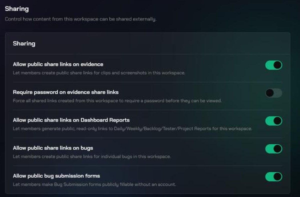 The Sharing page in Workspace Settings with five switches: evidence links, password on evidence links, Dashboard Reports, bugs and public bug submission forms.