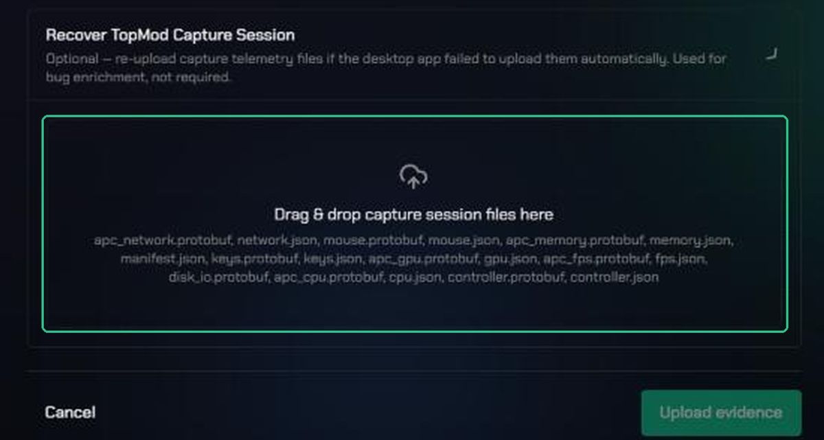 The Recover TopMod Capture Session section open, with its drop area for capture session files highlighted