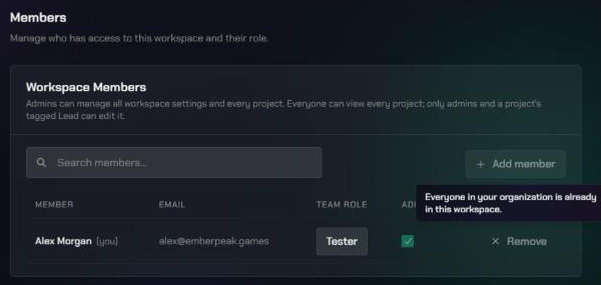 The Members page in Workspace Settings, listing Alex Morgan with the Tester team role and Admin ticked. The Add member button is greyed out, with the tooltip "Everyone in your organization is already in this workspace."