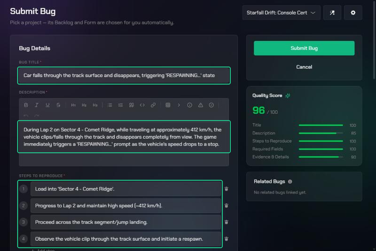 The Submit Bug form prefilled by AI, with the bug title, description and four steps to reproduce highlighted, and a Quality Score of 96 out of 100.