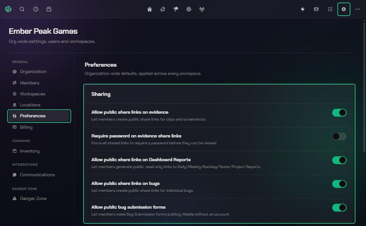 Organization Settings with the Settings gear icon, Preferences in the menu and the Sharing card highlighted.