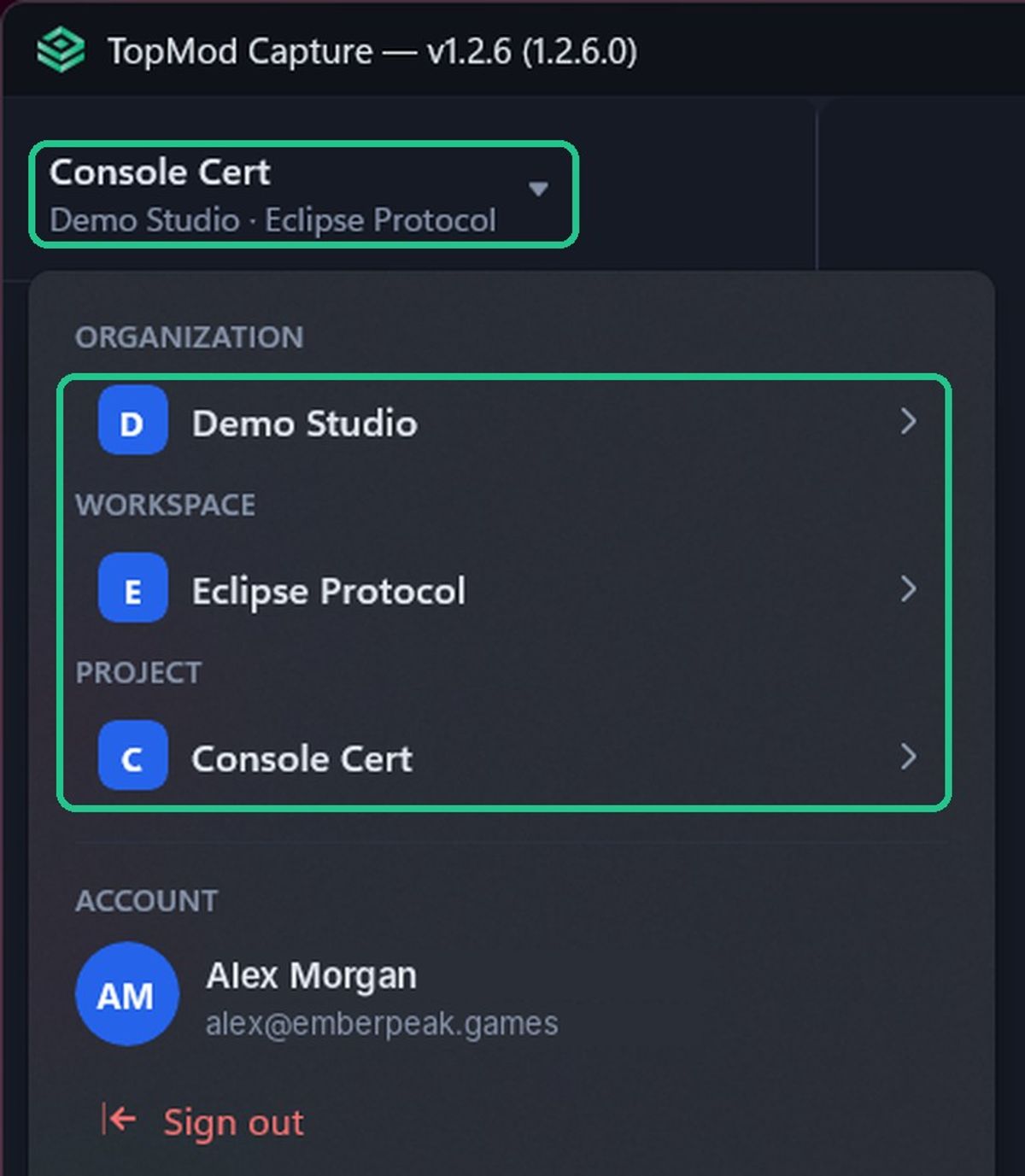 The project switcher open at the top of the sidebar, with the ORGANIZATION, WORKSPACE and PROJECT rows highlighted.