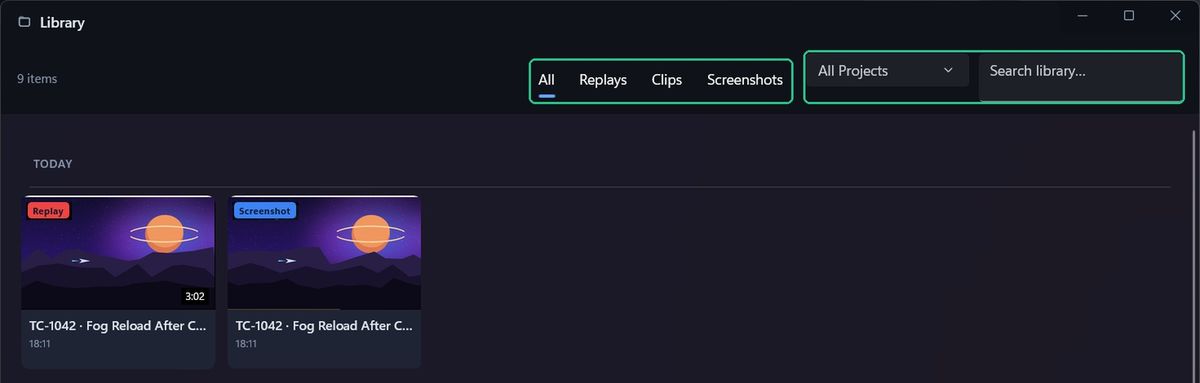 The Library window with a Replay and a Screenshot card under TODAY, and the type tabs, All Projects filter and Search library box highlighted.