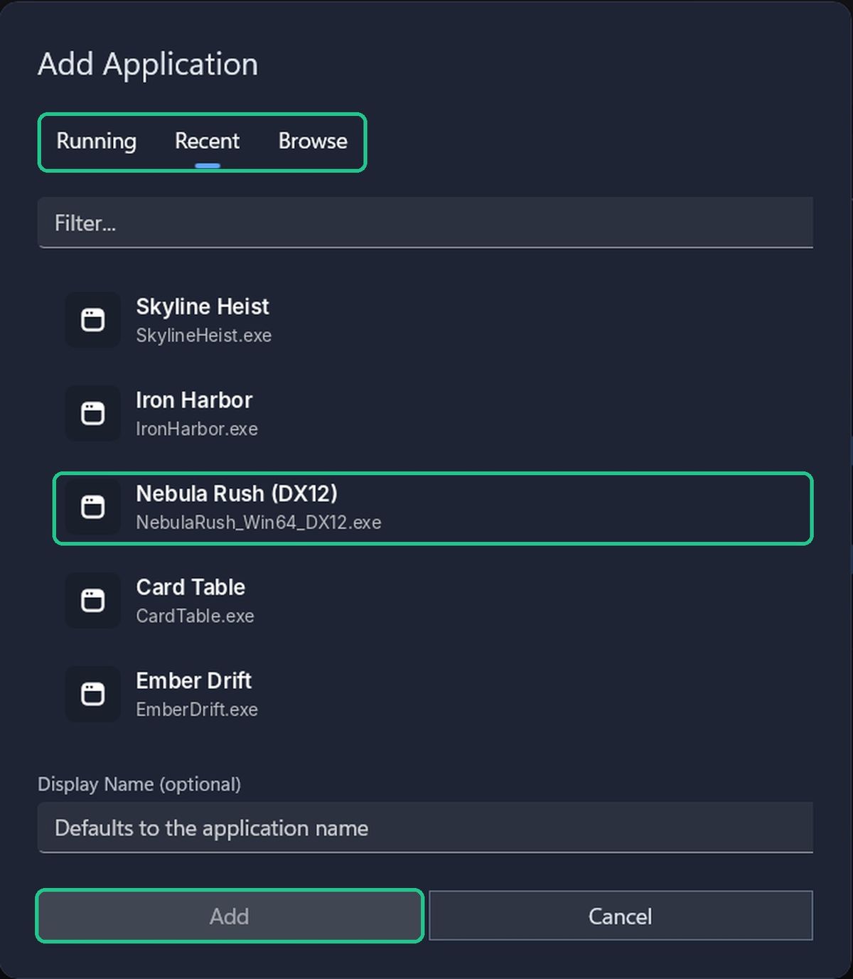 The Add Application window with the Running, Recent and Browse tabs, the Nebula Rush game and the Add button highlighted.