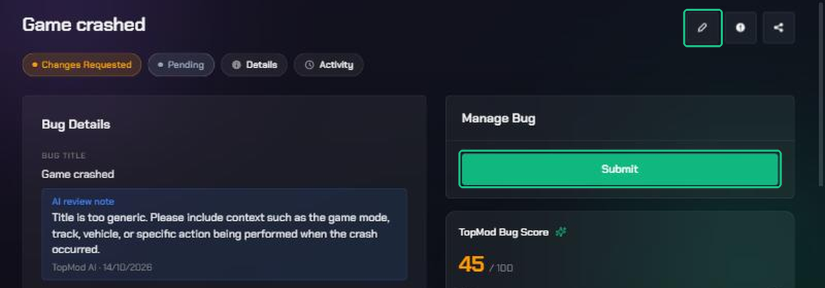 The bug header with the Edit (pencil) button highlighted, and the Submit button under Manage Bug highlighted.