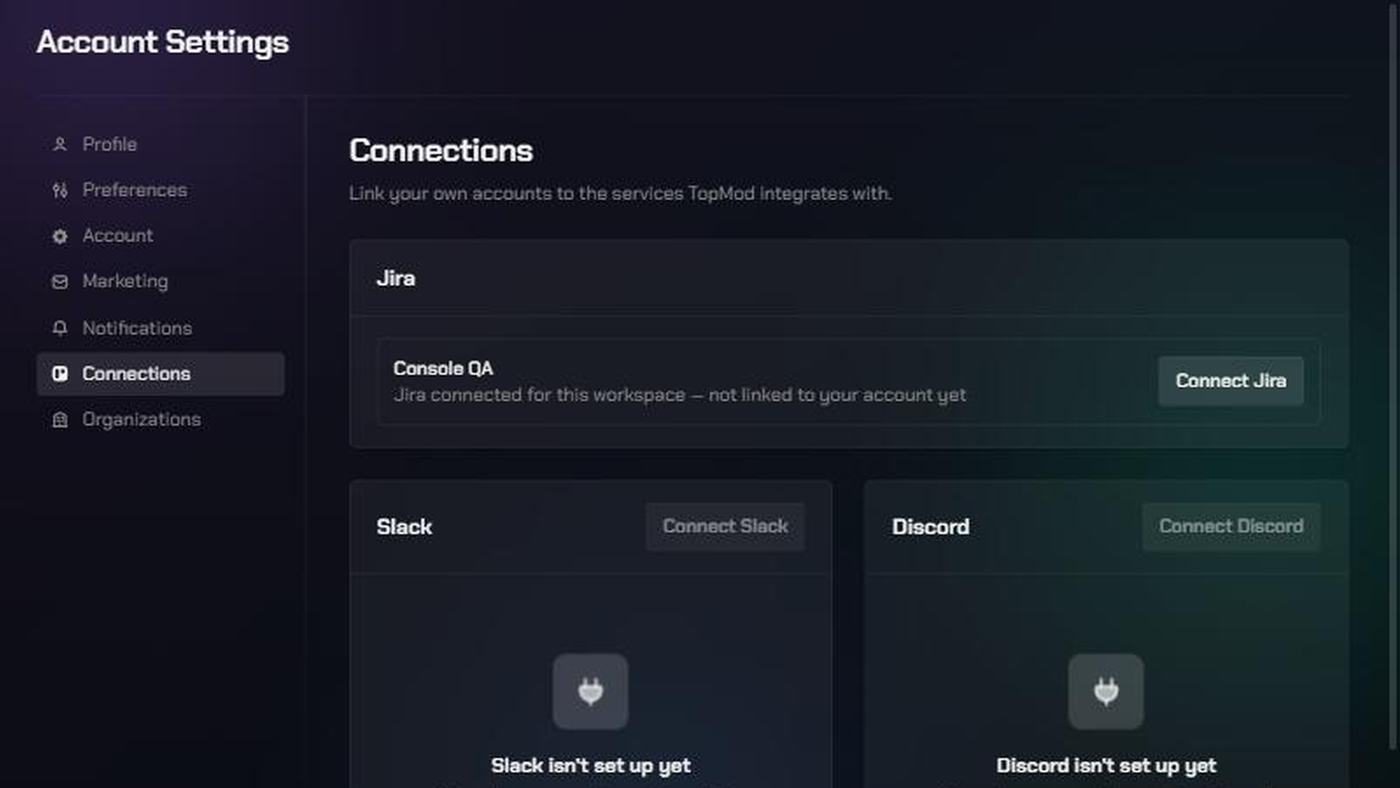 The Connections page in Account Settings, with cards for Jira, Slack and Discord.