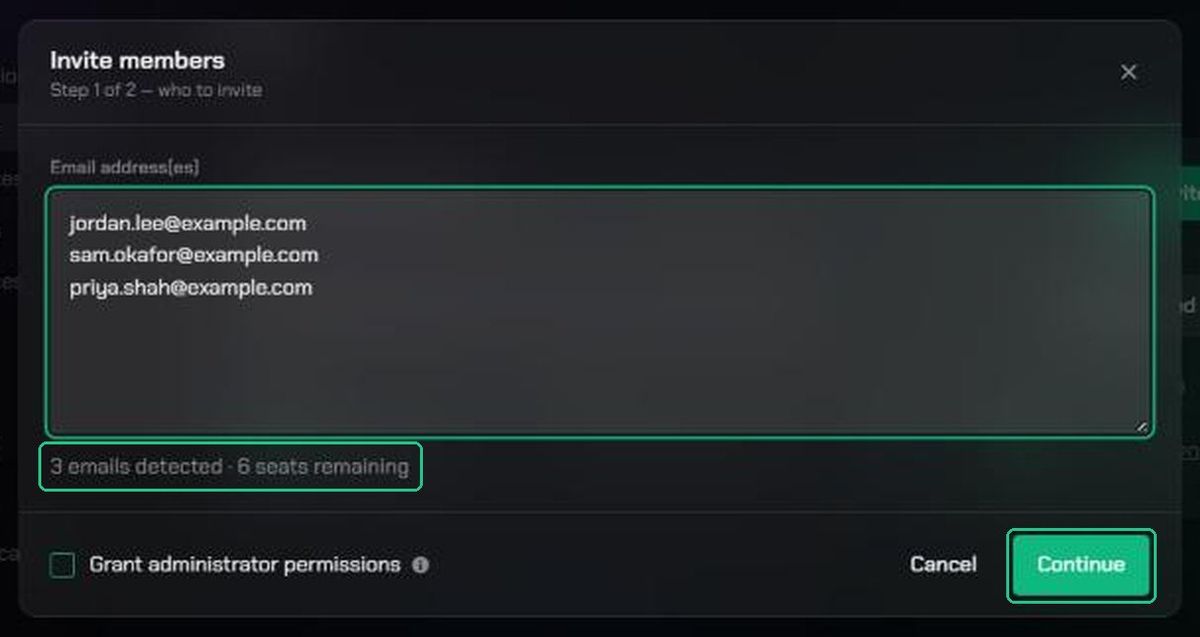 Step 1 of 2 with three addresses entered, showing 3 emails detected and 6 seats remaining