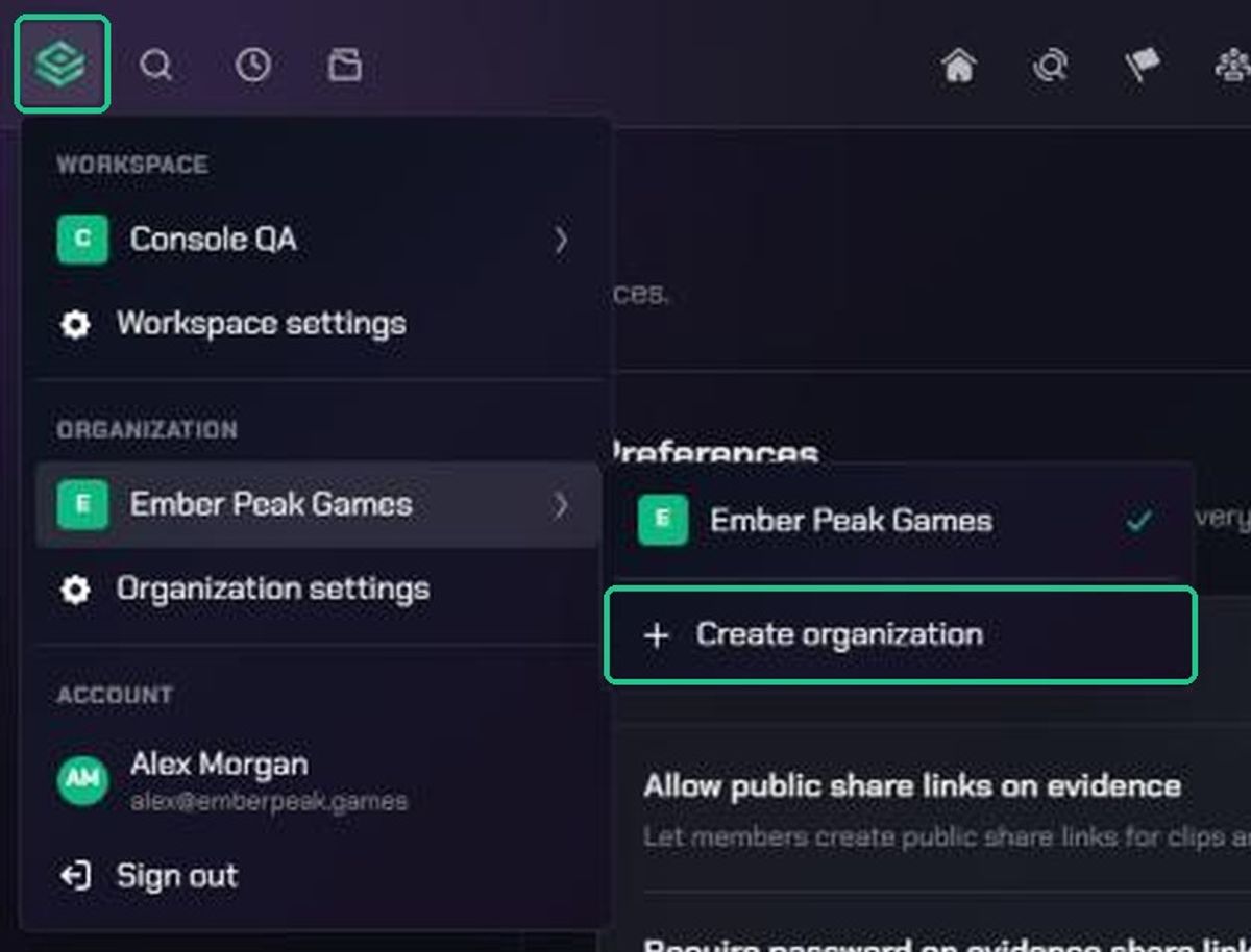 The switcher opened from the TopMod logo, with the organization flyout showing Create organization highlighted
