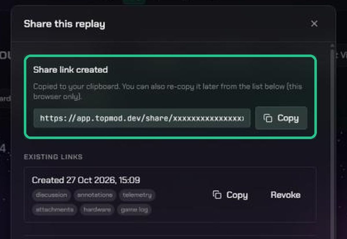 A new share link with Copy