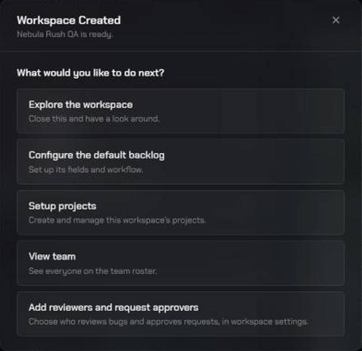 The Workspace Created window for Nebula Rush QA, listing five next steps.