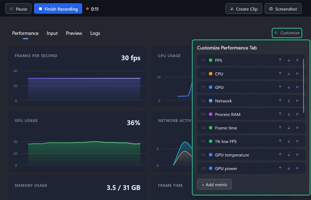 The Performance tab during a recording, with Customize and the Customize Performance Tab panel highlighted.