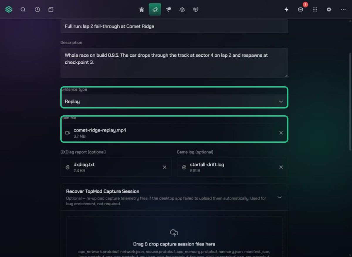 The upload form with type and main file