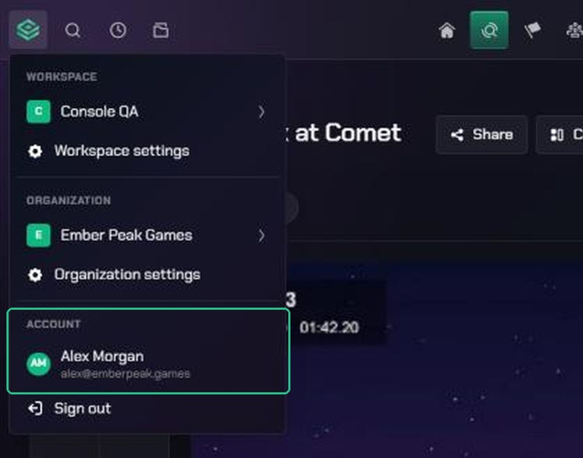 The workspace and account menu open from the TopMod logo, listing the workspace, the organization and the signed-in account, with the Account section highlighted