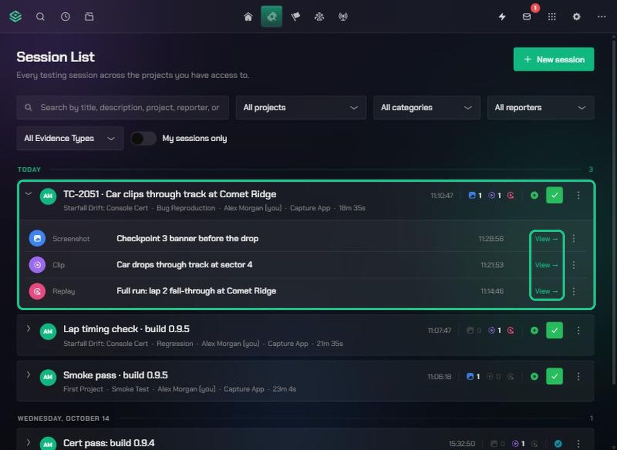 An expanded session with a screenshot, a clip and a replay