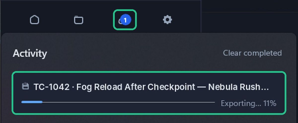 The Uploads and exports icon with a count badge, and the Activity panel showing a recording at Exporting... 11%.