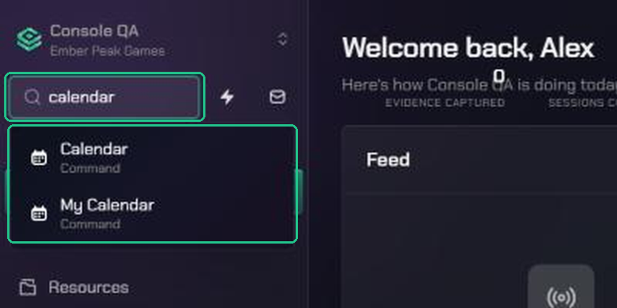 The sidebar search box with "calendar" typed and two results below it: Calendar and My Calendar, both under Command.