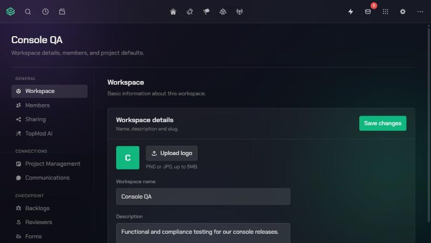 The Workspace page in Workspace Settings for Console QA.