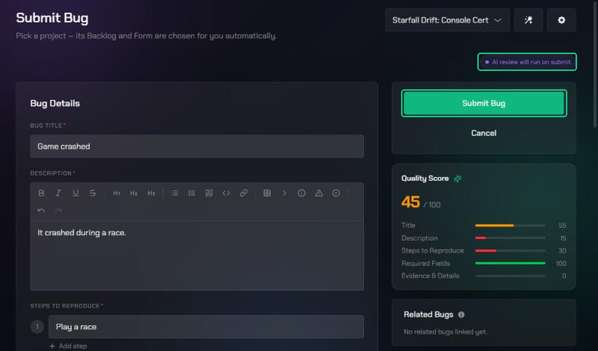 The Submit Bug form with the purple AI review will run on submit label and the Submit Bug button highlighted.
