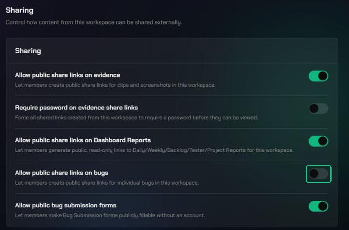 The Sharing page with Allow public share links on bugs turned off and highlighted.