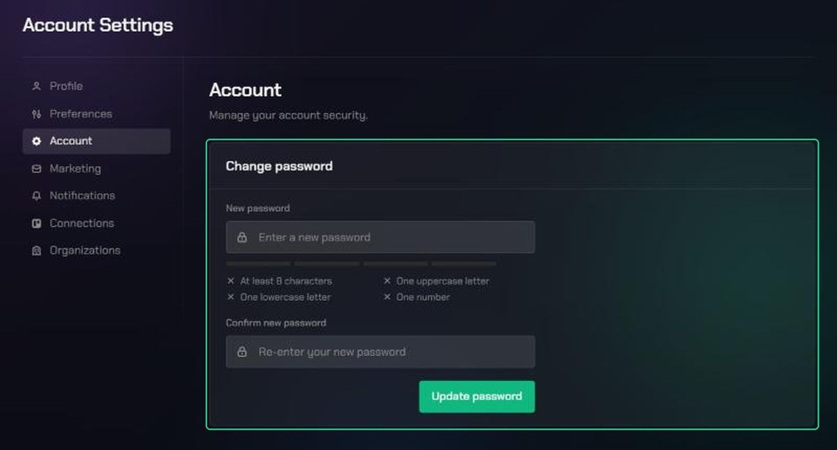 The Account page, with the Change password card highlighted, showing the password checklist and the Update password button