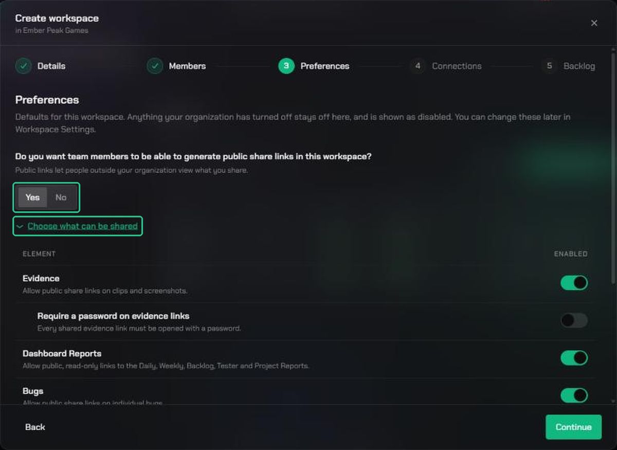 The Preferences step with Yes chosen for public share links and Choose what can be shared expanded to show the Evidence, password, Dashboard Reports and Bugs switches.