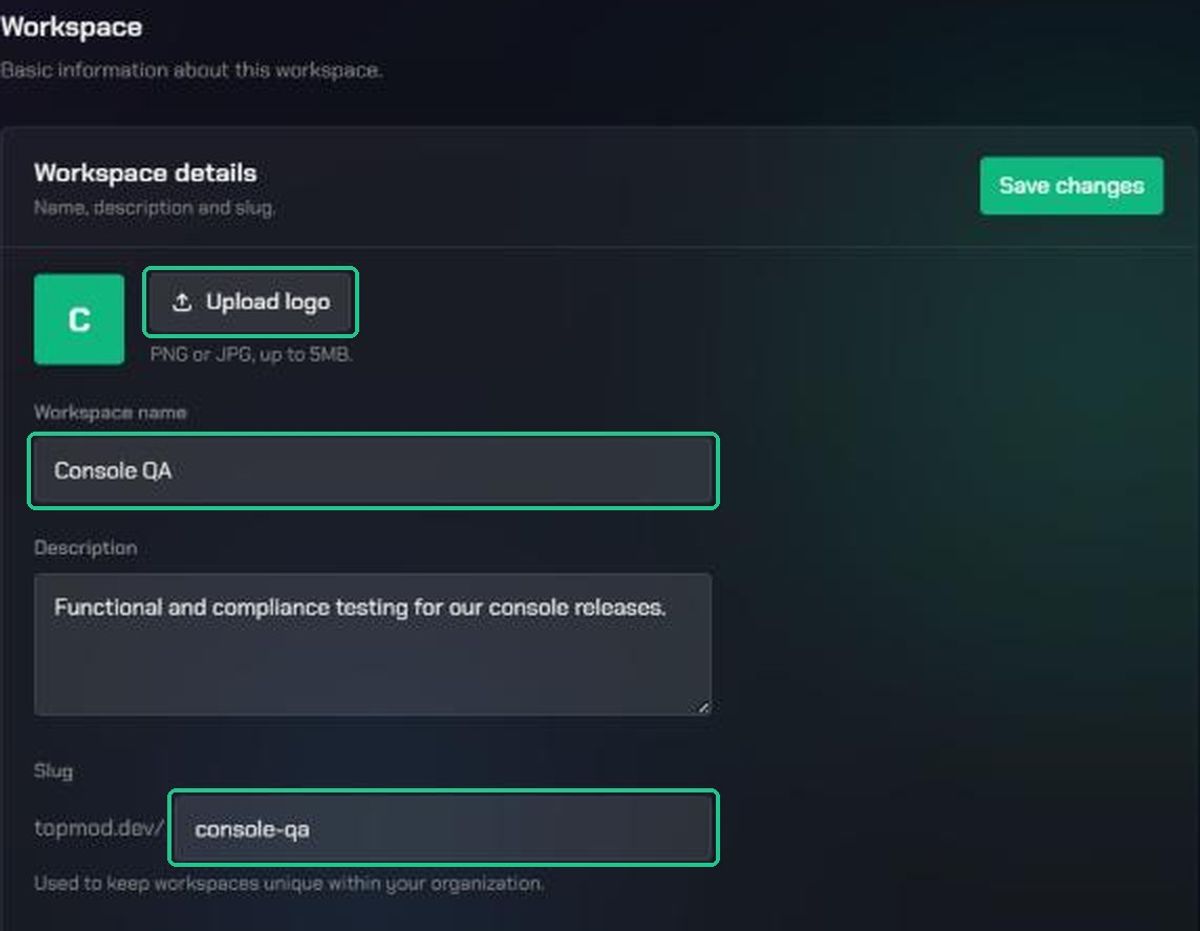 The Workspace details card for Console QA, with Upload logo, Workspace name and Slug highlighted.