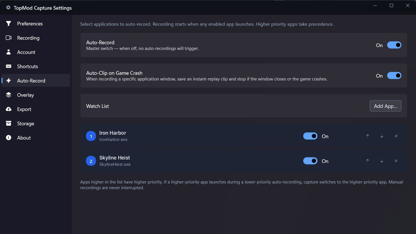 Settings > Auto-Record with two games in the watch list.