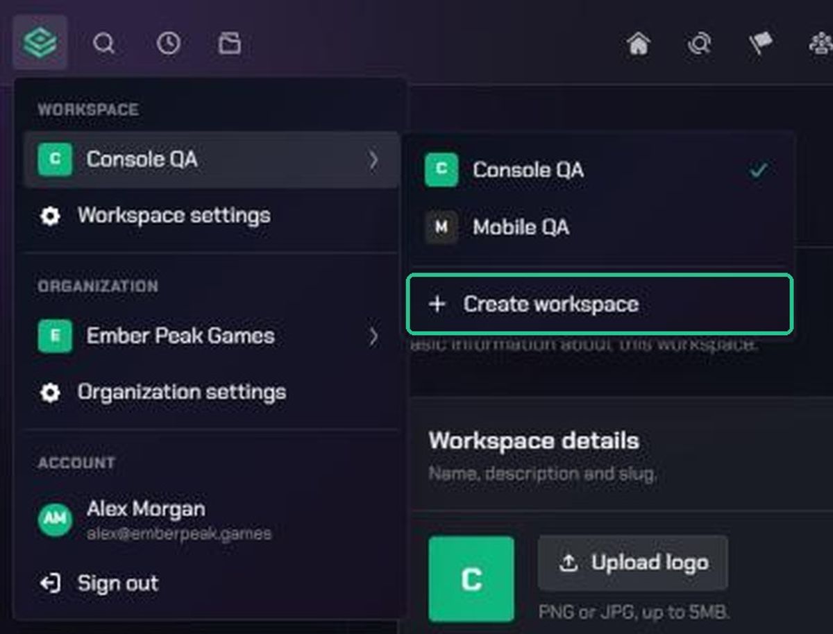 The workspace and account menu with the list of workspaces open, and Create workspace highlighted at the bottom.