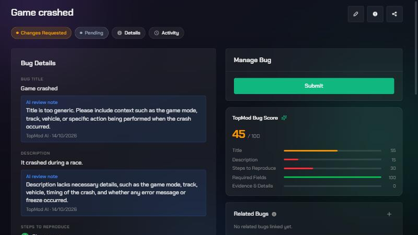 A bug at Changes Requested with AI review notes on its title and description.