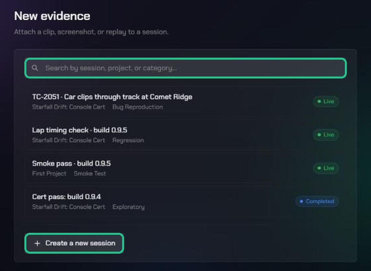 The session picker on the upload page