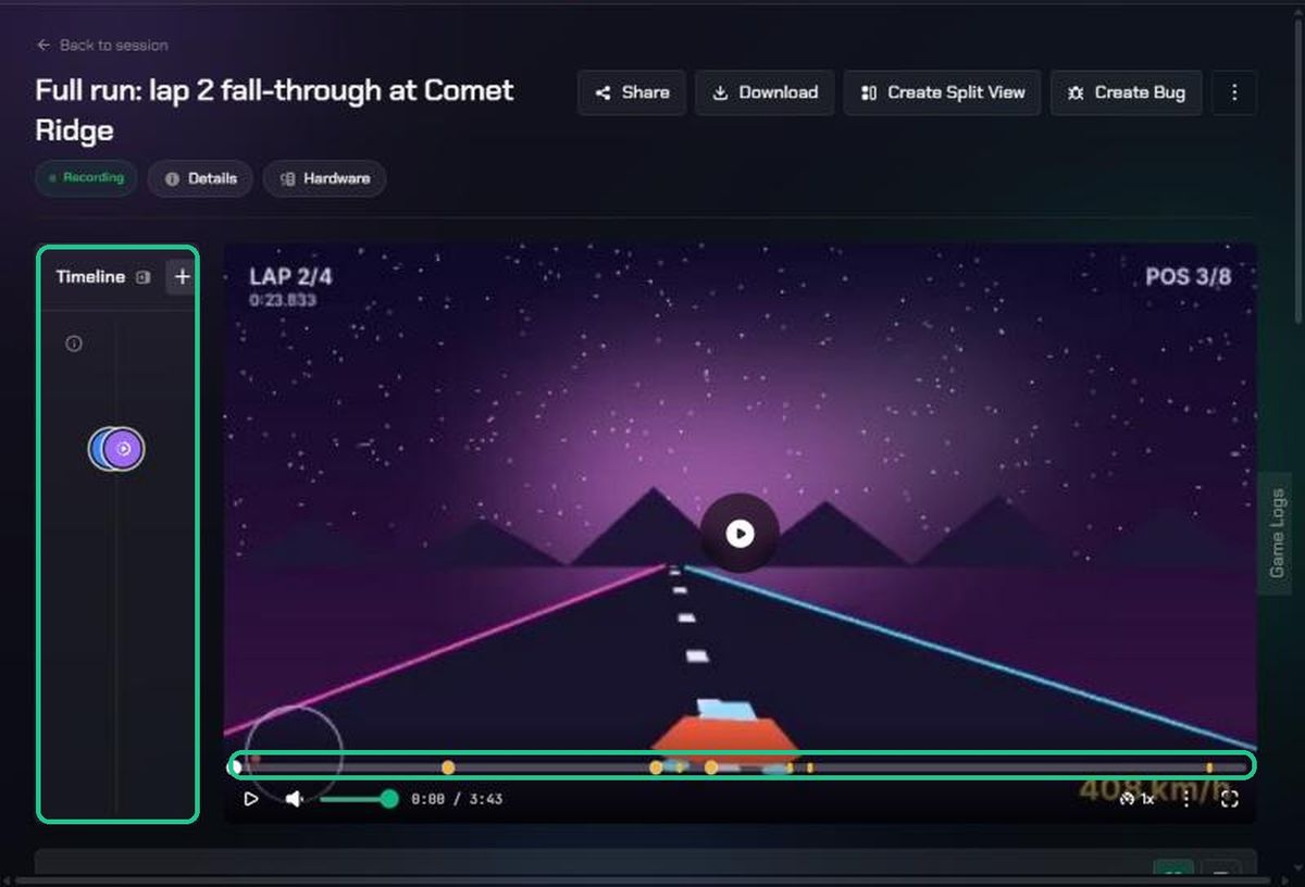 The timeline with clip, screenshot and performance markers