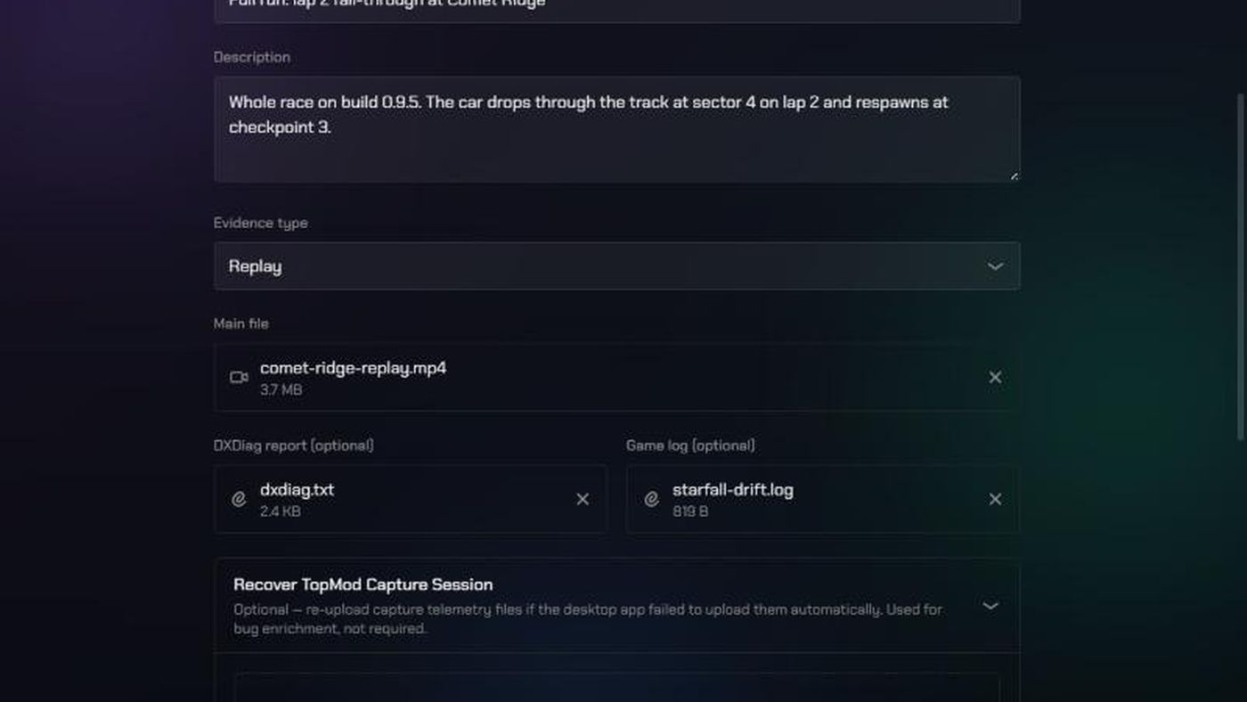 The New evidence form with a replay, DXDiag report and game log attached.