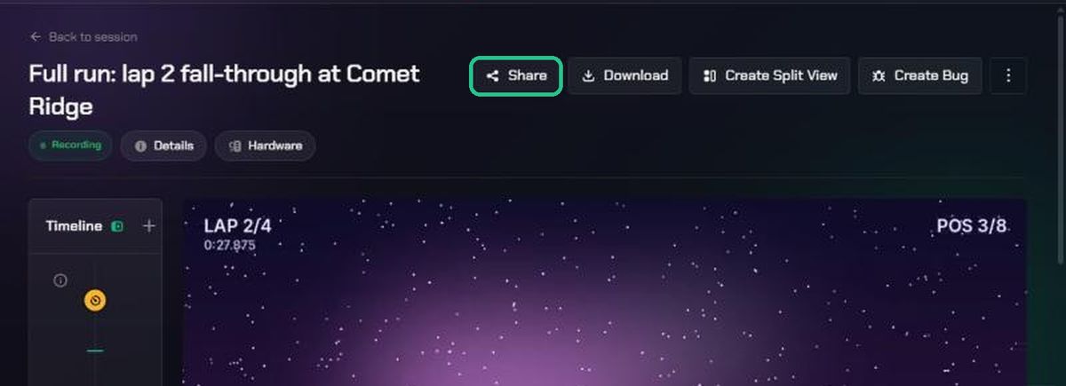 The Share button in a replay header