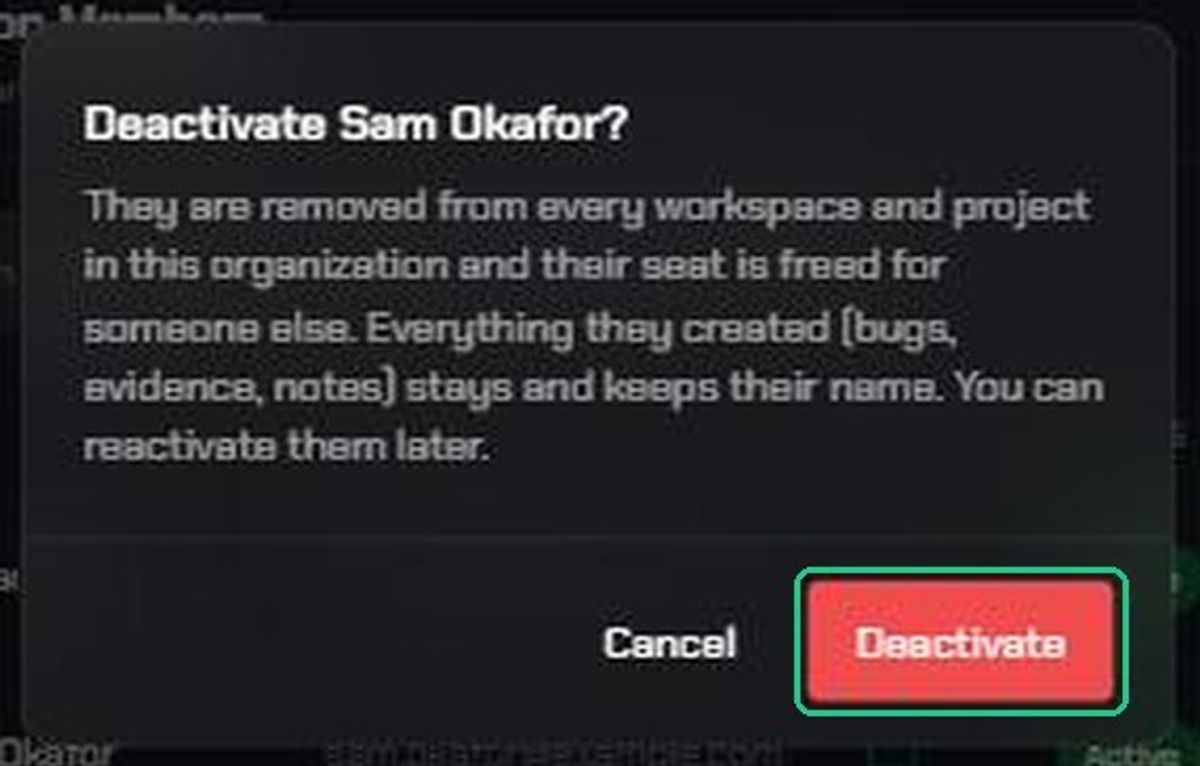 The Deactivate Sam Okafor? confirmation window explaining what deactivating does, with the Deactivate button highlighted.