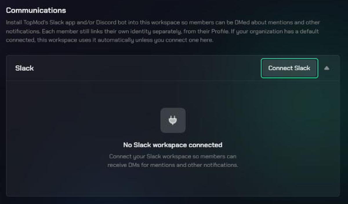 The expanded Slack card showing "No Slack workspace connected", with the Connect Slack button highlighted.