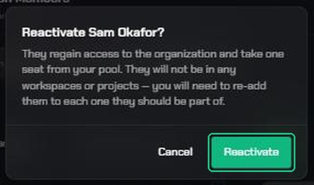 The Reactivate Sam Okafor? confirmation window explaining that they take one seat and need adding back to workspaces and projects, with the Reactivate button highlighted.