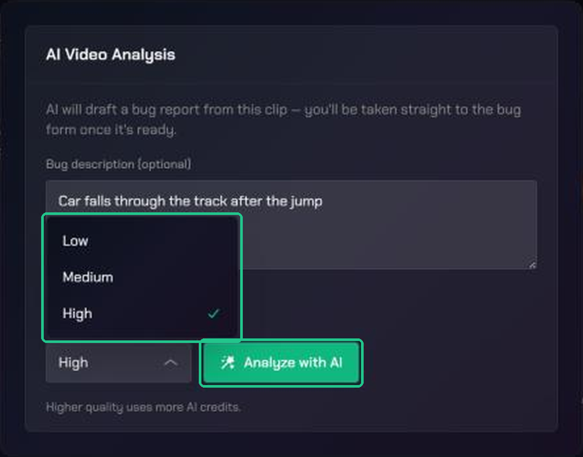The AI Video Analysis window with a short bug description entered, the Analysis quality menu open showing Low, Medium and High, and the Analyze with AI button highlighted.