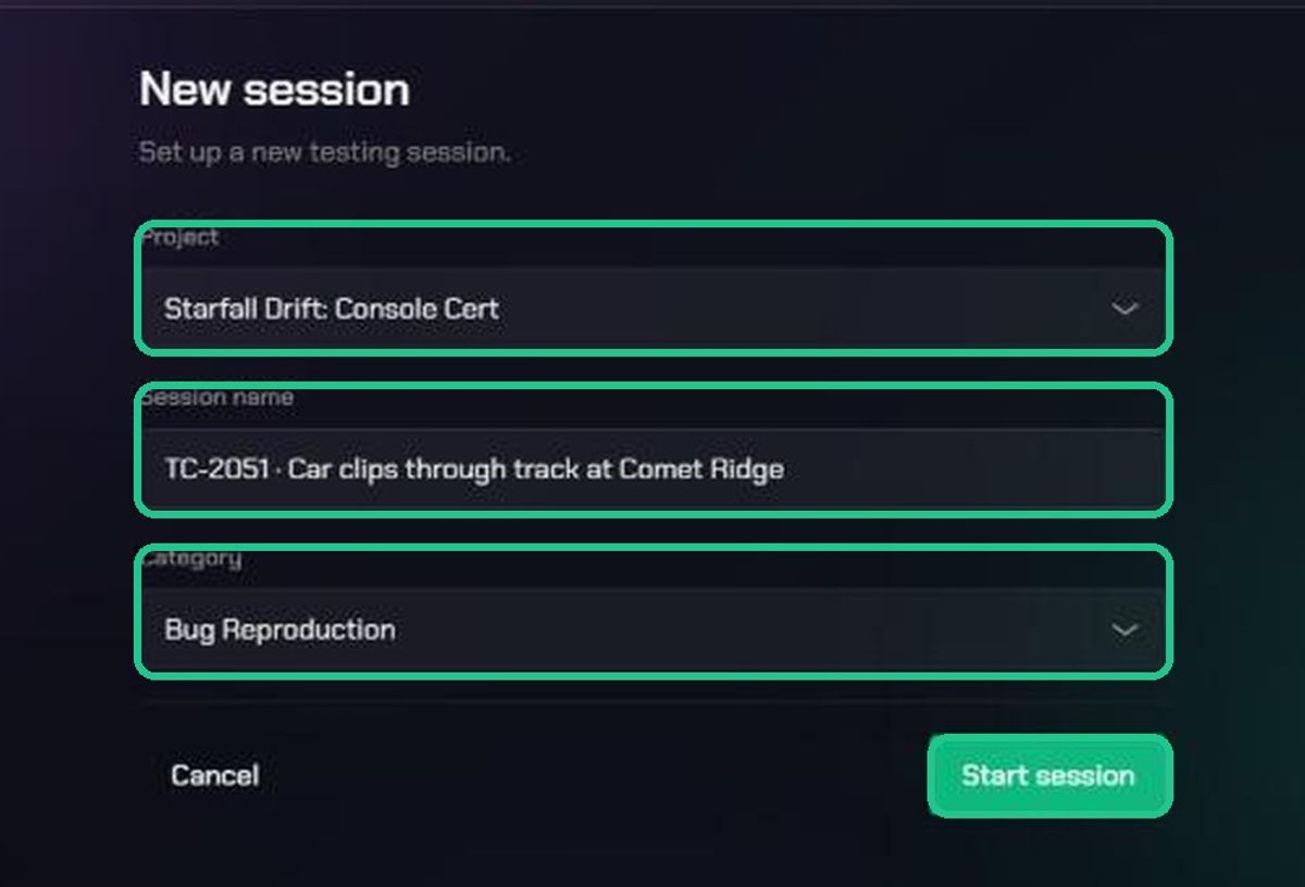 The New session form filled in