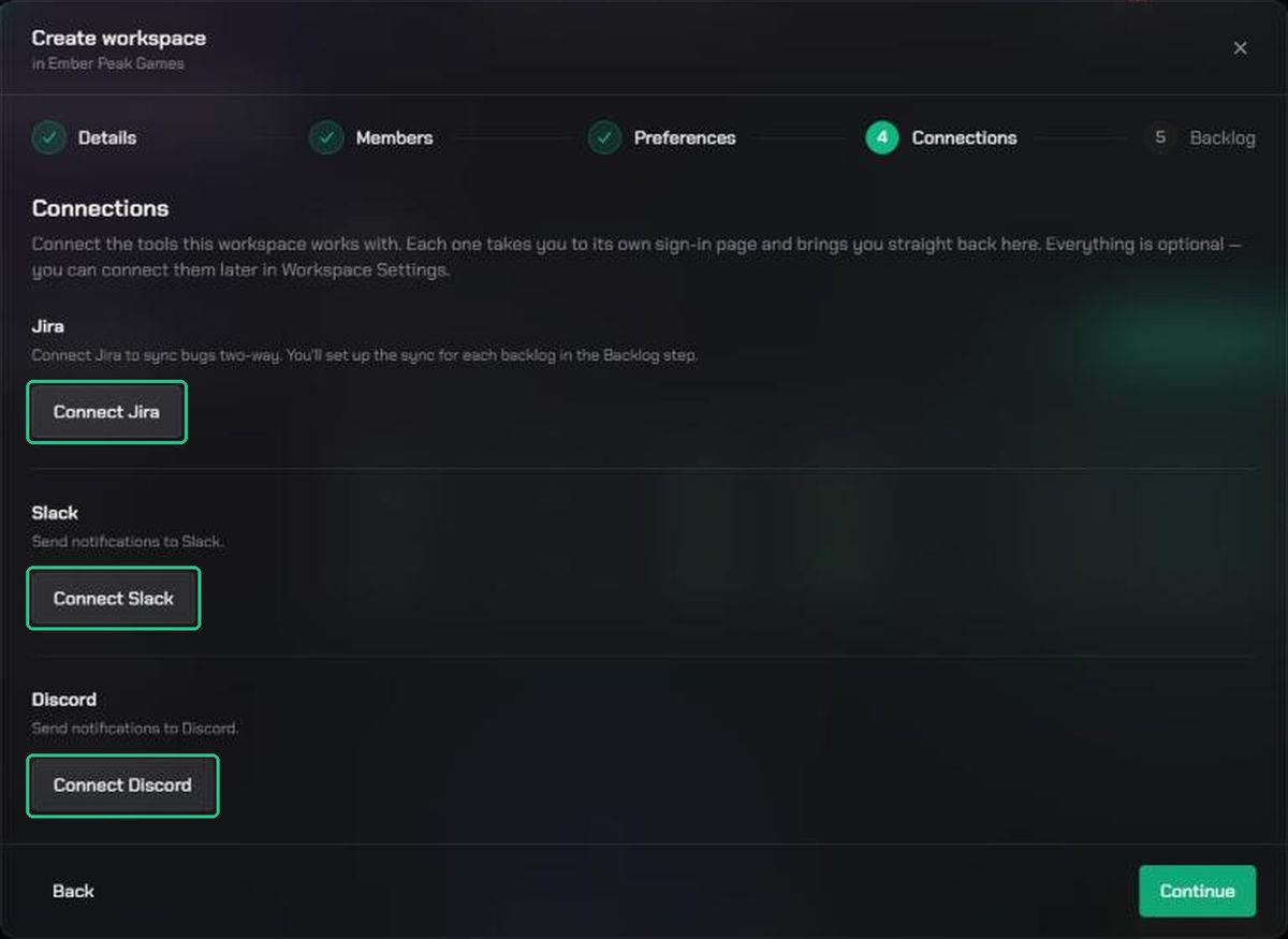 The Connections step with Connect Jira, Connect Slack and Connect Discord buttons highlighted.